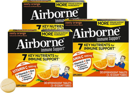Airborne 1000mg Vitamin C + Zinc Sugar Free Multivitamin Immune Support Effervescent Fizzy Drink Tablets, Zesty Orange Flavor with Powerful Antioxidants Vitamins A C & E, 30 Tablets (3 Pack) Nirvana Guru