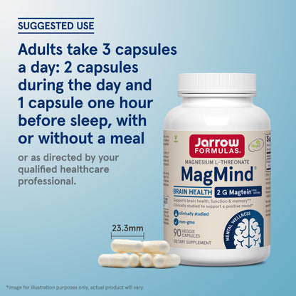 Jarrow Formulas Magnesium L-Threonate, MagMind Magtein Brain Supplements for Memory Support, 90 Veggie Capsules, Up to a 30 Day Supply - Nirvana Guru