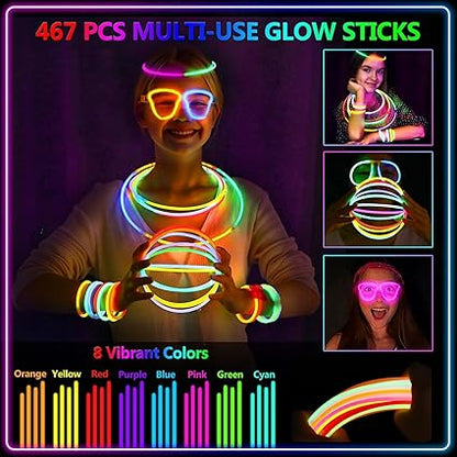 BUDI 467Pcs Glow Sticks - Halloween Party Favors Glow in the Dark Party Supplies for Kids Adults 4th of July Accessories Neon Decors Glowsticks Bulk 8 Inch & Connectors Necklace Bracelet Glasses nirvanaguru