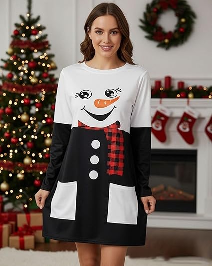 MOUSYA Women Dress Shirt Christmas Long Sleeve Tops Santa Printed Pullover Loose Plus Size T-Shirt Blouse with Pockets nirvanaguru