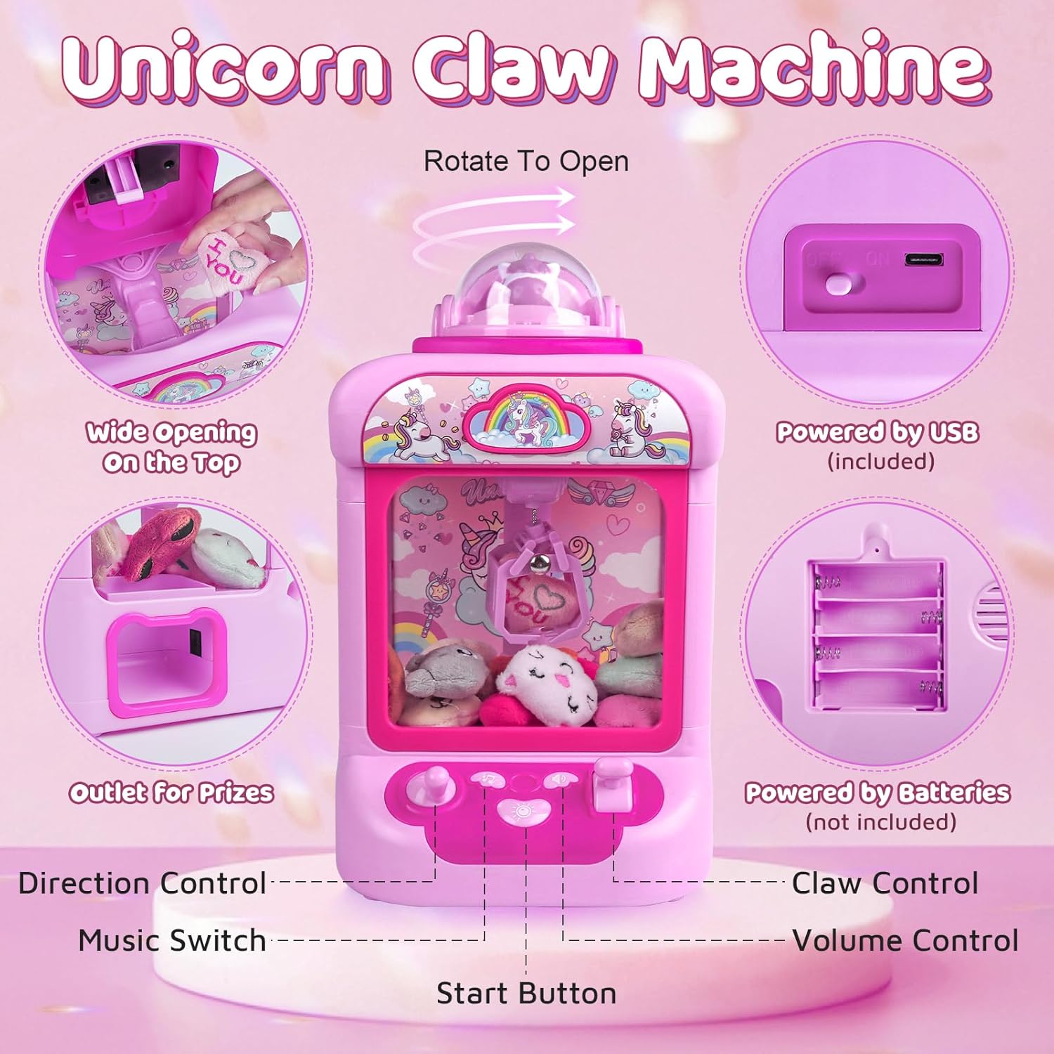 Claw Machine for Kids, Mini Vending Machine Girls Unicorn Toys, Candy Grabber Prize Dispenser with Sound & 20 Mini Plush Toys, Electronic Arcade Game Indoor Toy for Home Party Birthday Gifts Nirvana Guru