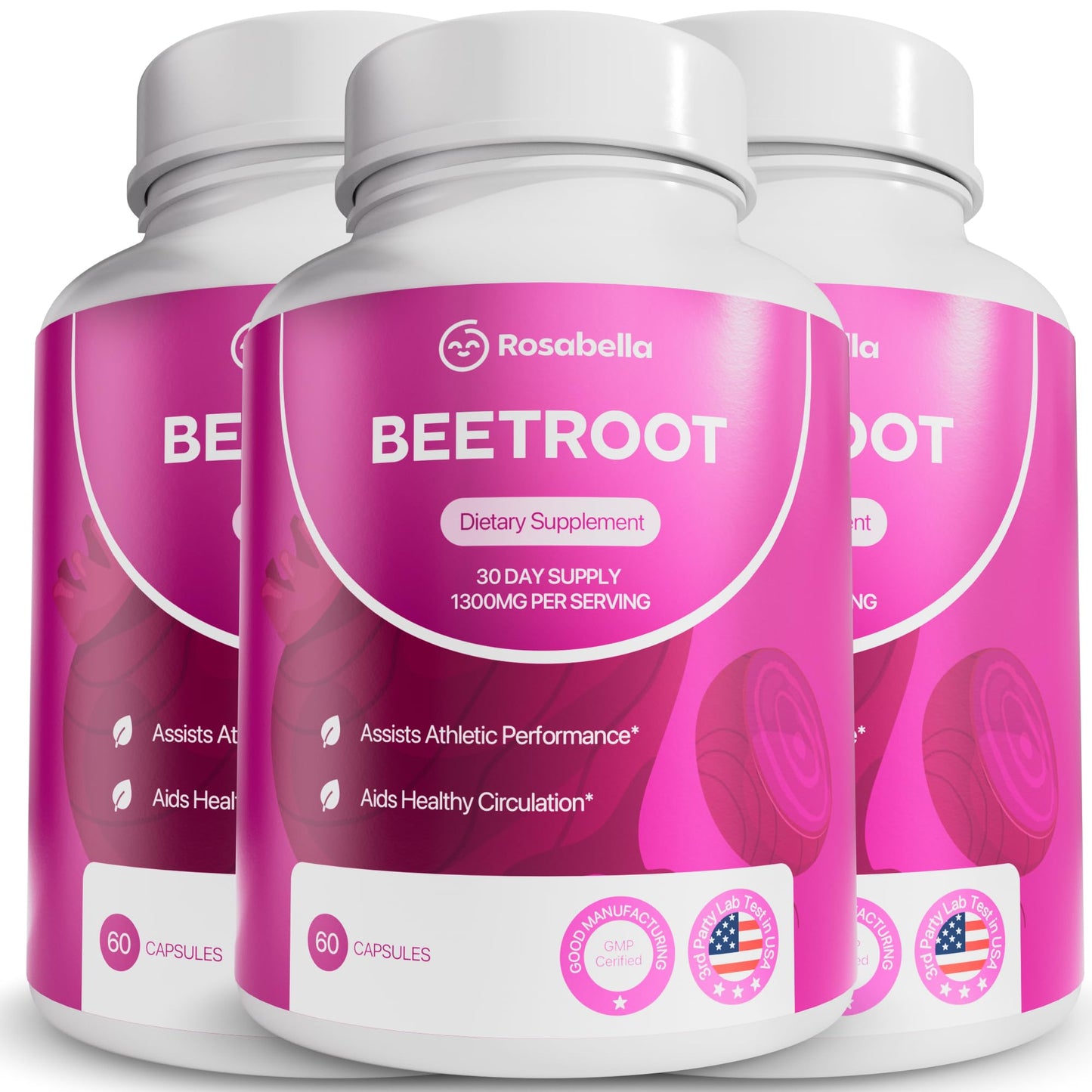 Rosabella Organic Beet Root Capsules – 1300mg Beetroot Powder for Natural Energy & Endurance Support, Non-GMO, Lab-Tested Beet Supplement - 60 Capsules, 30-Day Supply