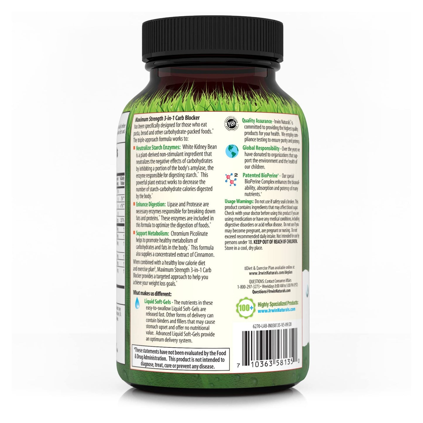 Irwin Naturals Maximum Strength 3-in-1 Carb Blocker - Neutralize Carbohydrates and Support Metabolism - 150 Liquid Softgels - Nirvana Guru