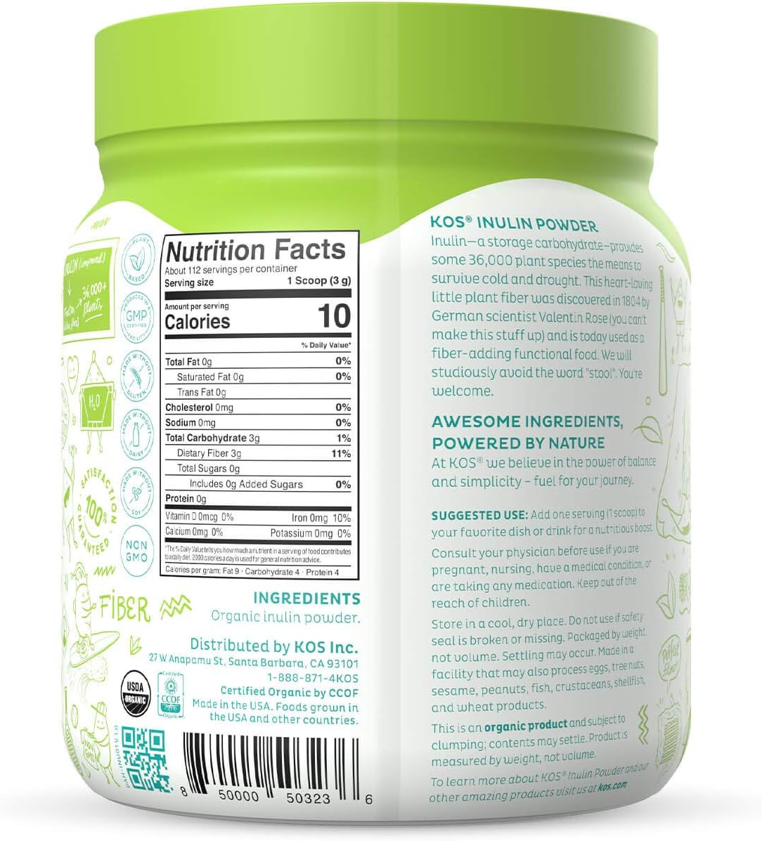 KOS Organic Inulin Powder, Unflavored & Unsweetened Superfood - Vegan Inulin for Prebiotic Intestinal Support, Digestive Health Promoting - USDA Certified, Non-GMO, Soy & Gluten-Free, 112 Servings Bag - Nirvana Guru