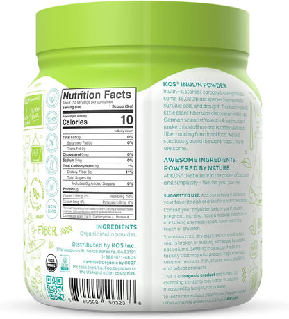 KOS Organic Inulin Powder, Unflavored & Unsweetened Superfood - Vegan Inulin for Prebiotic Intestinal Support, Digestive Health Promoting - USDA Certified, Non-GMO, Soy & Gluten-Free, 112 Servings Bag - Nirvana Guru