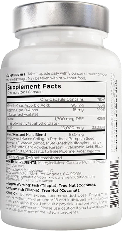 Amen Biotin Collagen Vitamins+ 10,000 mcg Biotin Supplement - Hydrolyzed Collagen, Vitamins C & E, Folate, Hyaluronic Acid, Keratin, MSM, Saw Palmetto - 3-Month Supply - Non-GMO - 90 Capsules Nirvana Guru