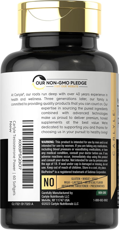 Carlyle Testosterone Supplement for Men | 60 Softgels | for Male Performance | Non-GMO & Gluten Free - Nirvana Guru
