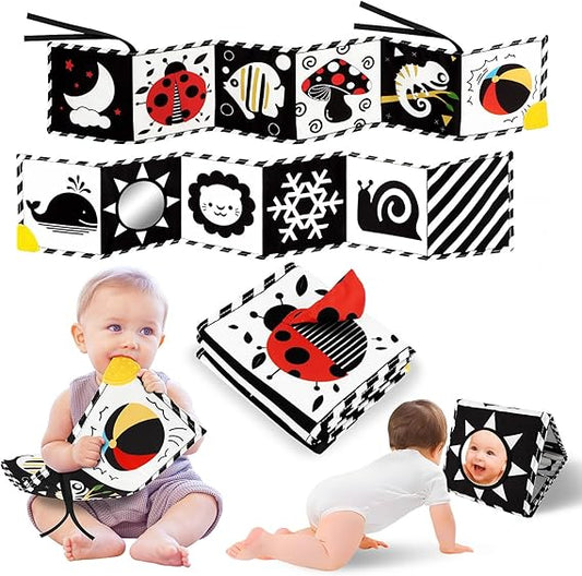 Tummy Time Toys, High Contrast Baby Book with Mirror & Teether, Black and White Infant Books, 0-6-12 Months Soft Book for Newborn, Sensory Books, Tummy Time Car Seat Toys 0-6 Month Boy Girl Gift nirvanaguru
