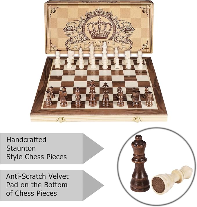 AMEROUS 15 Inches Magnetic Wooden Chess Set - 2 Extra Queens - Folding Board - Pieces Storage Slots, Handmade Portable Travel Chess Game - Beginner Chess Set for Kids, 6 up Age Nirvana Guru