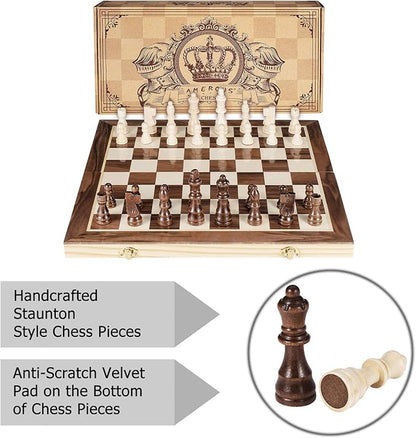 AMEROUS 15 Inches Magnetic Wooden Chess Set - 2 Extra Queens - Folding Board - Pieces Storage Slots, Handmade Portable Travel Chess Game - Beginner Chess Set for Kids, 6 up Age Nirvana Guru
