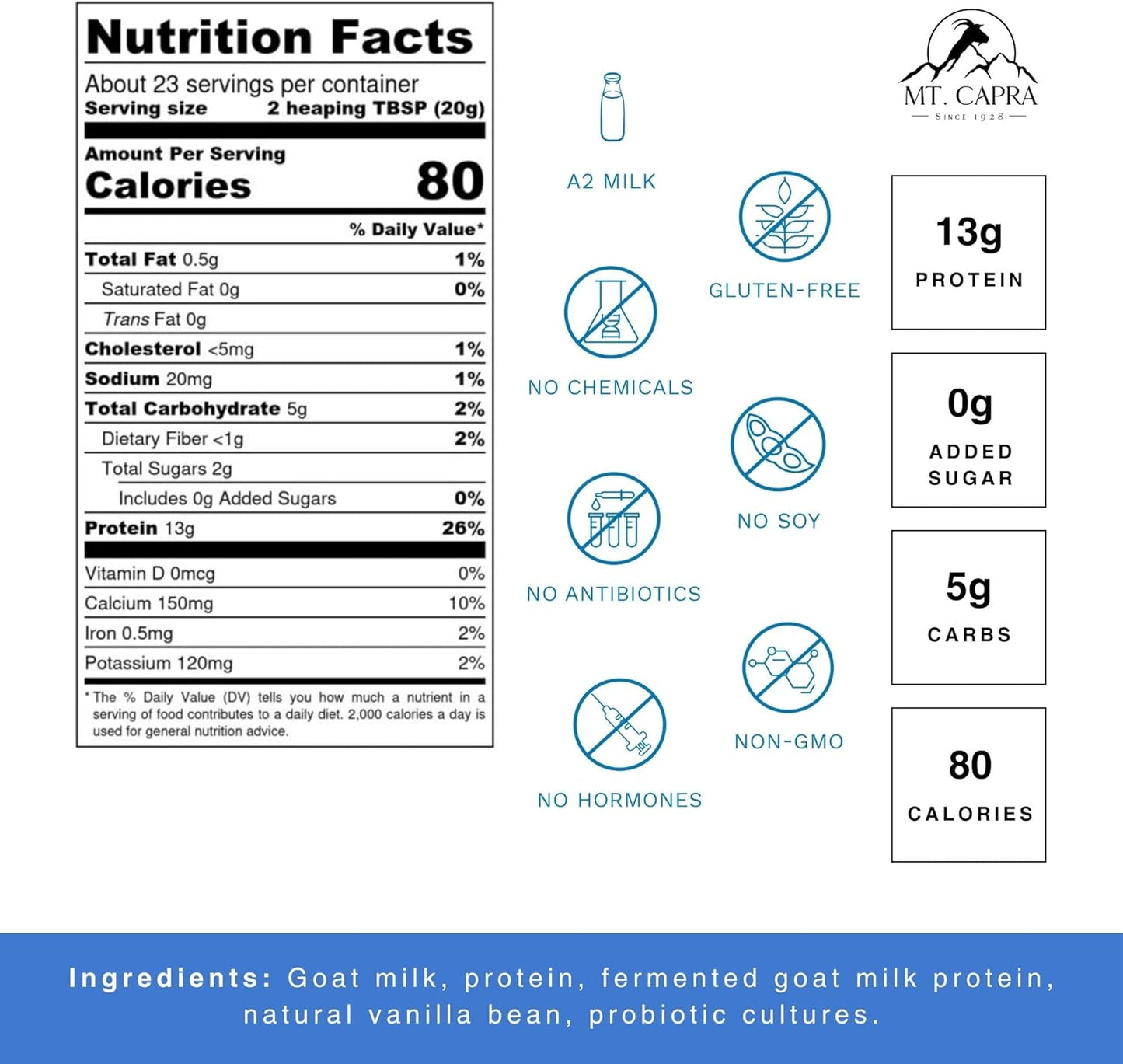 Mt. Capra Caprotein | Casein Protein Concentrate, Fermented Goat Milk Protein from Grass-Fed Pastured Goats, Extremely Easy to Digest | Vanilla Bean | 23 Servings - 16 oz - Nirvana Guru