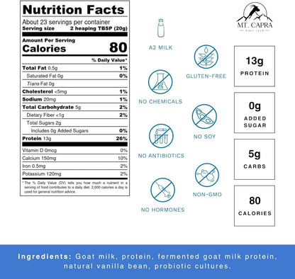 Mt. Capra Caprotein | Casein Protein Concentrate, Fermented Goat Milk Protein from Grass-Fed Pastured Goats, Extremely Easy to Digest | Vanilla Bean | 23 Servings - 16 oz - Nirvana Guru