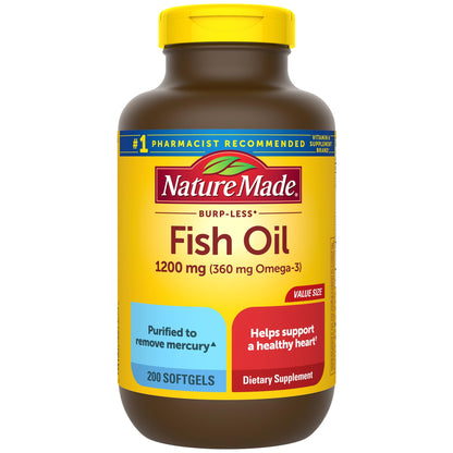 Nature Made Burp Less Fish Oil Omega 3 Supplements, 1200 mg Softgels, Omega 3 Fish Oil for Healthy Heart Support, 300 Softgels, 150 Day Supply - Nirvana Guru