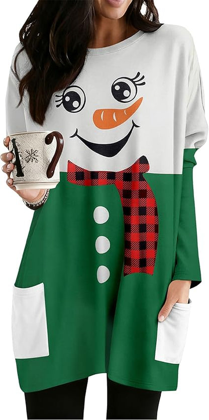 MOUSYA Women Dress Shirt Christmas Long Sleeve Tops Santa Printed Pullover Loose Plus Size T-Shirt Blouse with Pockets nirvanaguru