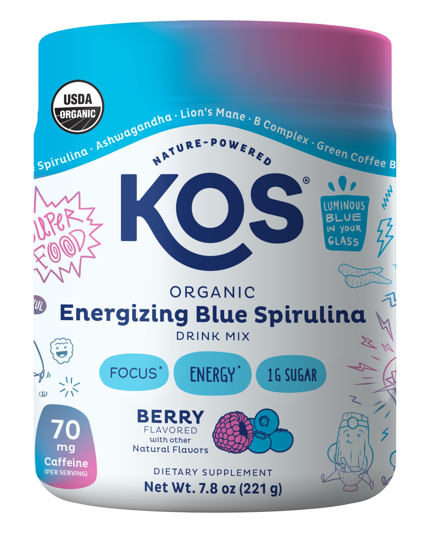 KOS Calming Blue Spirulina Blend- USDA Certified Organic - Algae Superfood Powder with Ashwagandha Root, Lemon Balm, Reishi Mushroom, B Vitamins - Berry Coconut Cooler Flavor, 28 Servings - Nirvana Guru
