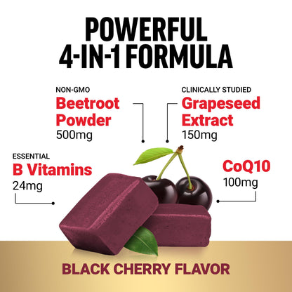 FORCE FACTOR Total Beets Ultimate Heart Health Chews for Blood Pressure Support, with Beetroot Powder, CoQ10, B Vitamins & Grapeseed Extract for Blood Flow & Energy, Black Cherry, 60 Soft Chews Nirvana Guru