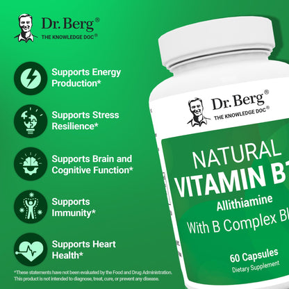 Dr. Berg Natural Vitamin B1 B6 B12 Complex - Allithiamine Vitamin B1 Supplement with 8 Essential Vitamin B Complex for Men & Women Including Thiamin, Niacin, Folate, Magnesium & More - 60 Capsules - Nirvana Guru