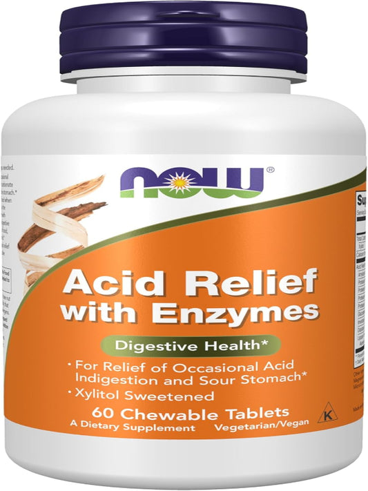 NOW Foods Supplements, Acid Relief with Enzymes, Xylitol Sweetened, Digestive Health*, 60 Chewables - Nirvana Guru