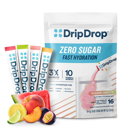 DripDrop Sugar Free Hydration Packets - Zero Classic Variety Pack - Single Serve Electrolytes Powder Drink Mix - Lemon Lime, Watermelon, Peach, Passion Fruit - Non-GMO, Gluten Free, Vegan - 32 Sticks