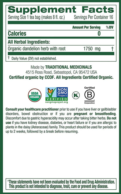 Traditional Medicinals Tea, Organic Dandelion Leaf & Root, Supports Kidney Function & Healthy Digestion, 16 Tea Bags - Nirvana Guru