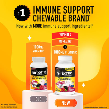 Airborne 1000mg Vitamin C + Zinc Immune Support Supplement Chewable Tablets, Very Berry Flavor with Powerful Antioxidants Vitamins A C & E, 116 Chewable Tablets (2 Pack) Nirvana Guru