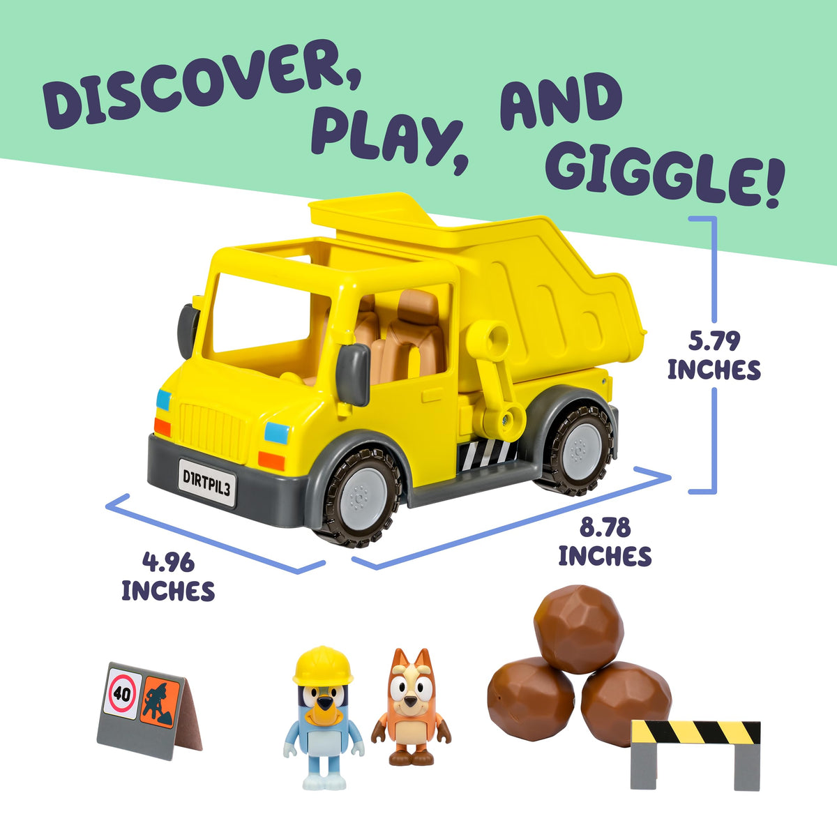 Bluey Dump Truck Toy Playset, Sturdy Working Toy Dump Truck with 2 Articulated Figures and 3 Huge Boulders, Construction Toys for Kids of Ages 3+