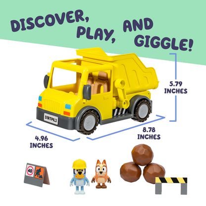 Bluey Dump Truck Toy Playset, Sturdy Working Toy Dump Truck with 2 Articulated Figures and 3 Huge Boulders, Construction Toys for Kids of Ages 3+