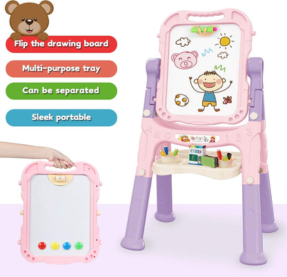 Art Easel for Kids, Adjustable Standing Rotatable Double Sided Easel with Painting Accessories for Toddlers Boys and Girls-Pink Nirvana Guru