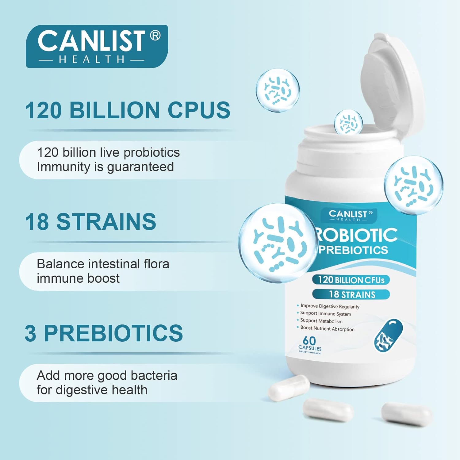 Probiotics 120 Billion CFUs 18 Strains, 3 Prebiotics & Digestive Enzymes for Men Women,Digestive & Immune Support,Shelf Stable Non-GMO 60 Capsules Nirvana Guru