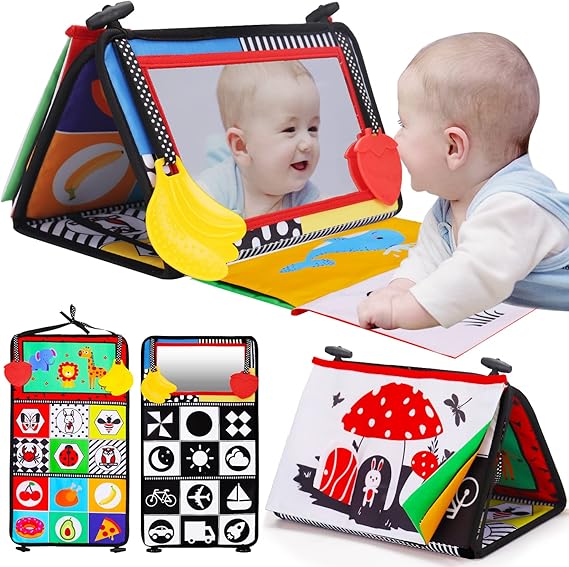 Tummy Time Baby Mirror Infant Toys Newborn 0 3 Months Brain Development with Crinkle Cloth Book Teether Black and White High Contrast Baby Toys 2 4 5 0-6 Month Boys Girls Sensory Activity Shower Gifts nirvanaguru