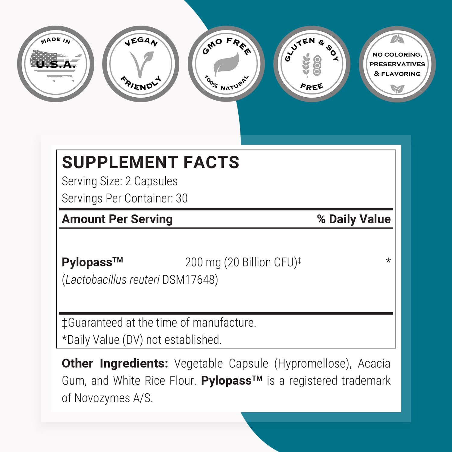 Supersmart H. Pylori Formula 20 Billion CFU per Day (High Potency) - Patented Pylopass Probiotic Lactobacillus Reuteri DSM 17648 Supplement | Non-GMO & Gluten Free - 60 Vegetarian Capsules Nirvana Guru