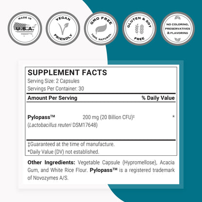 Supersmart H. Pylori Formula 20 Billion CFU per Day (High Potency) - Patented Pylopass Probiotic Lactobacillus Reuteri DSM 17648 Supplement | Non-GMO & Gluten Free - 60 Vegetarian Capsules Nirvana Guru