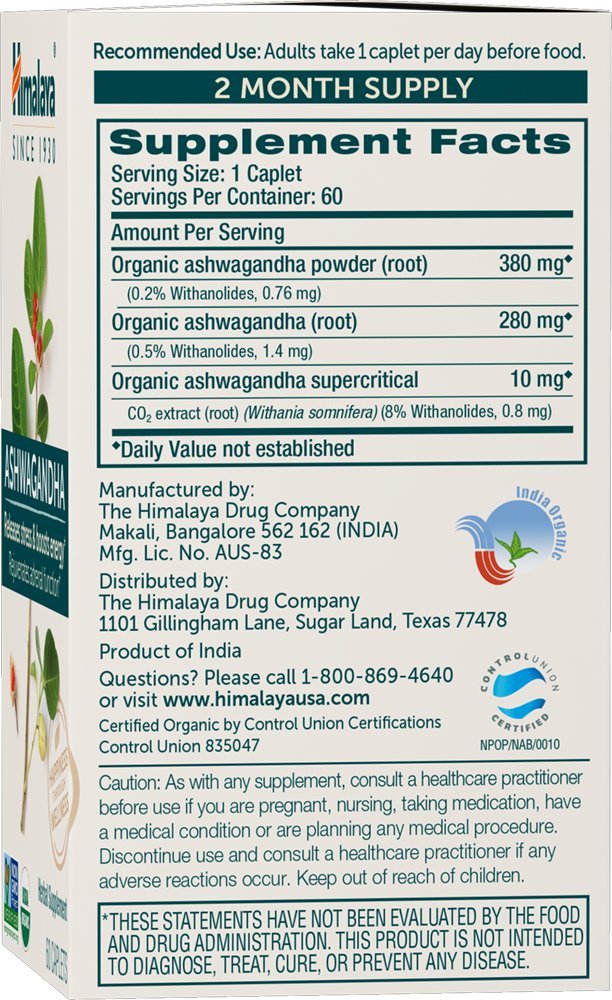 Himalaya Organic Ashwagandha, 120 Day Supply, Herbal Supplement for Stress Relief, Energy, Occasional Sleeplessness, Excipient Free, Organic, Non-GMO, Vegan, Gluten Free, 670 mg, 60 Caplets, 2 Pack - Nirvana Guru