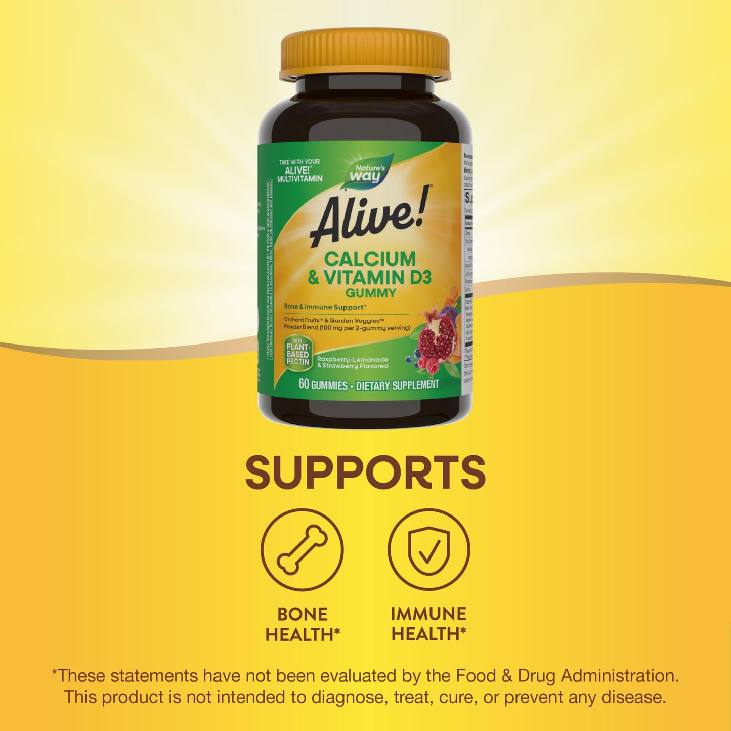 Nature's Way Alive! Daily Calcium & Vitamin D3 Gummies, Bone Support*, Immune Support*, Strawberry and Raspberry- Lemonade Flavored, 60 Gummies - Nirvana Guru