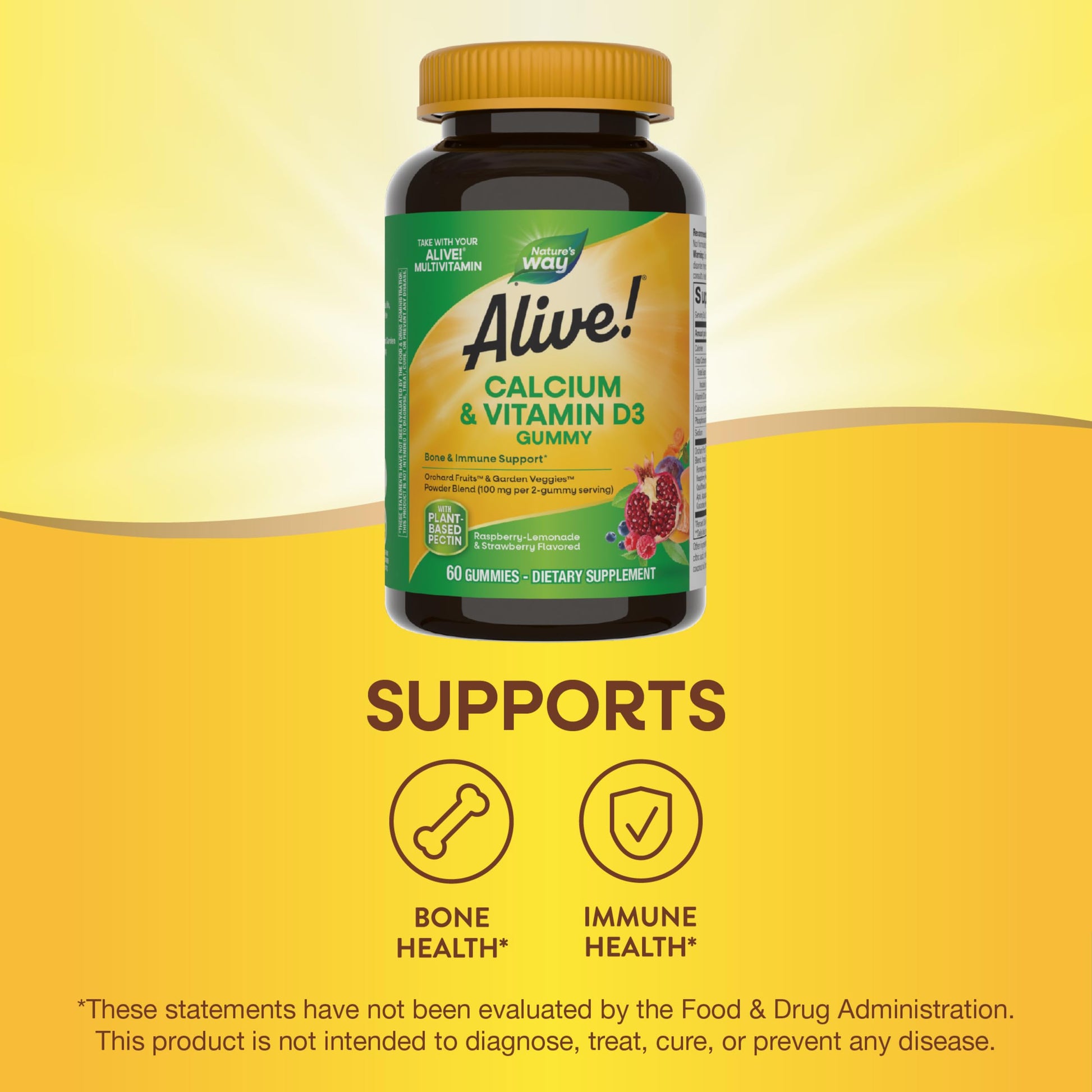 Nature's Way Alive! Daily Calcium & Vitamin D3 Gummies, Bone Support*, Immune Support*, Strawberry and Raspberry- Lemonade Flavored, 60 Gummies - Nirvana Guru