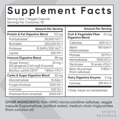 Sports Research Digestive Enzymes with Probiotics & Ginger - Plant Based for Dairy, Protein, Sugar & Carbs - Non-GMO Verified & Vegan Friendly (90 Veggie Capsules) - Nirvana Guru