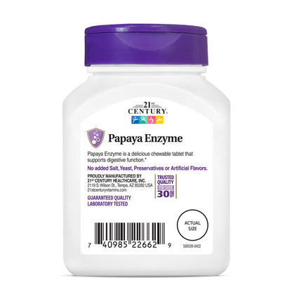 21st Century Papaya Enzyme Chewable (100 Count), Papaya & Pineapple Digestive Enzymes for Gut Health, Tropical Flavor, Non-GMO, Gluten-Free, No Added Salt, Yeast, Artificial Flavors