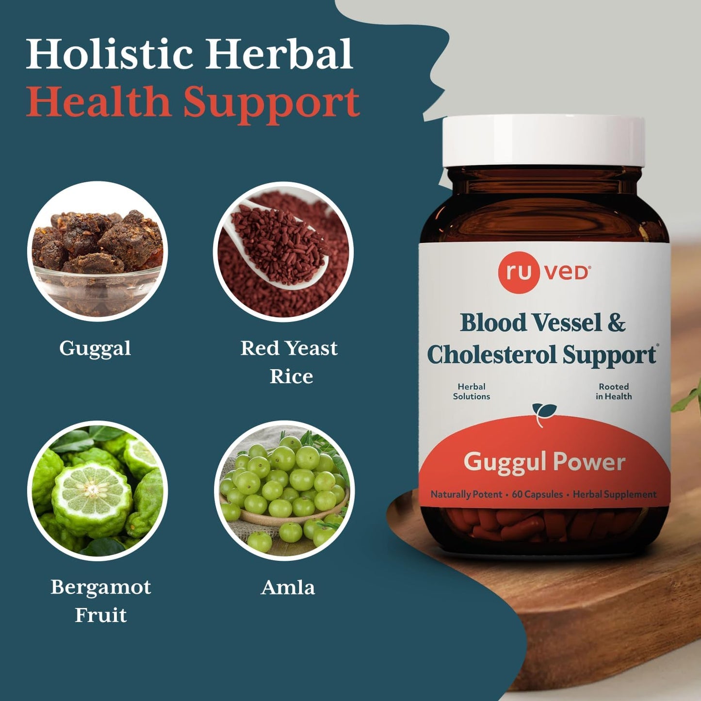 Ruved Guggul Power Herbal Supplement for Ayurvedic Cholesterol Support, Red Yeast Rice, Bergamot, Guggul, and Amla Supplement for Women and Men, 60 Vegetarian Capsules Nirvana Guru