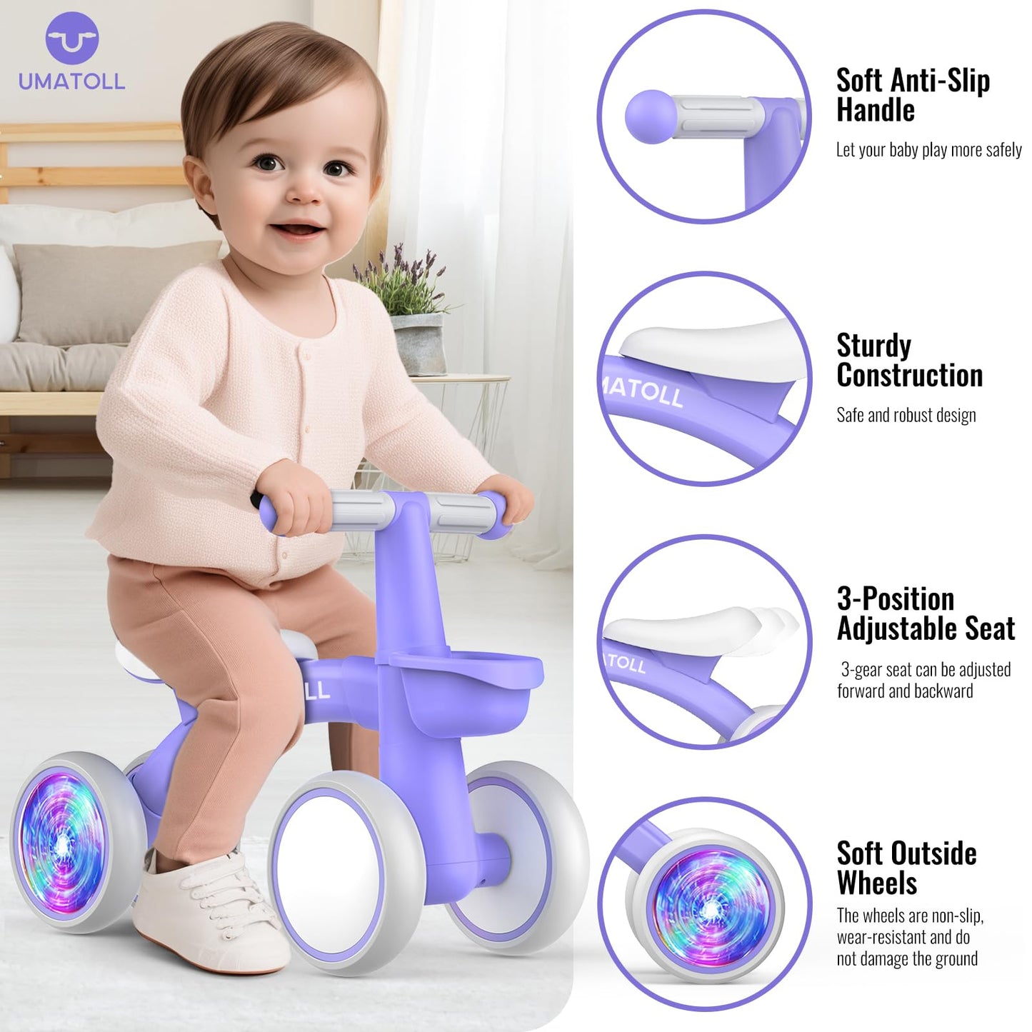 Umatoll Colorful Lighting Baby Balance Bike Toys for 1 Year Old Girls Gifts, Adjustable Seat, 1st Birthday Gifts, 12-24 Months Toddler Bike, Pink Nirvana Guru