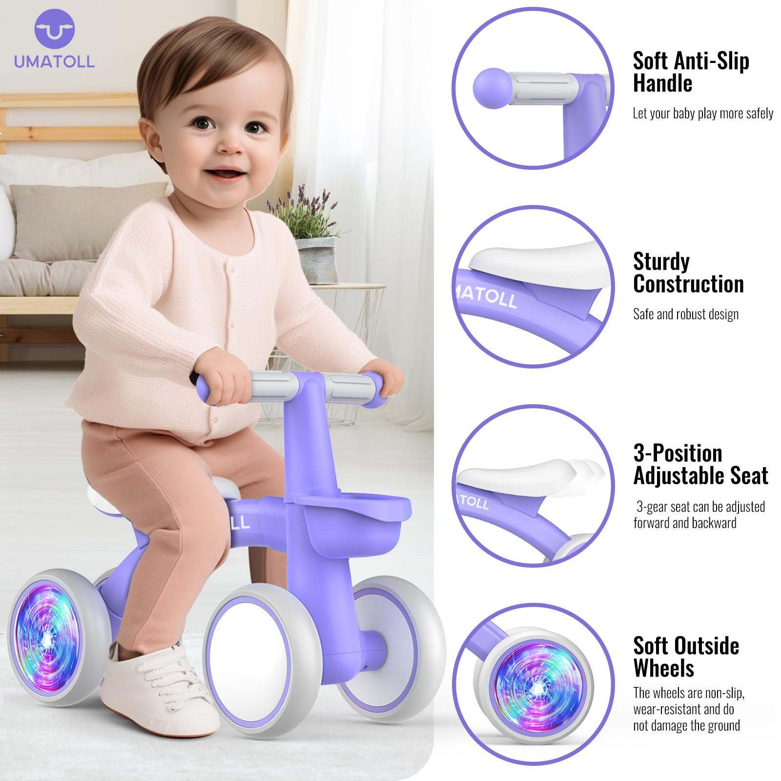 Umatoll Colorful Lighting Baby Balance Bike Toys for 1 Year Old Girls Gifts, Adjustable Seat, 1st Birthday Gifts, 12-24 Months Toddler Bike, Pink Nirvana Guru