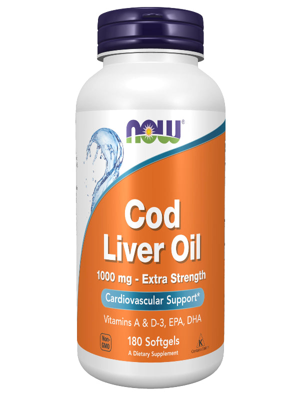 NOW Foods Supplements, Cod Liver Oil, Extra Strength 1,000 mg with Vitamins A & D-3, EPA, DHA, 180 Softgels - Nirvana Guru