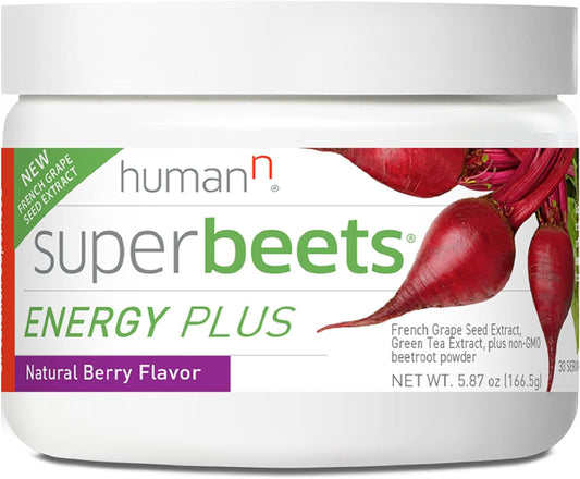 HumanN SuperBeets Energy Plus with Grape Seed Extract - Beet Root Powder, Green Tea Extract, Caffeine, Vitamin C - Non-GMO - 5.87oz - Nirvana Guru
