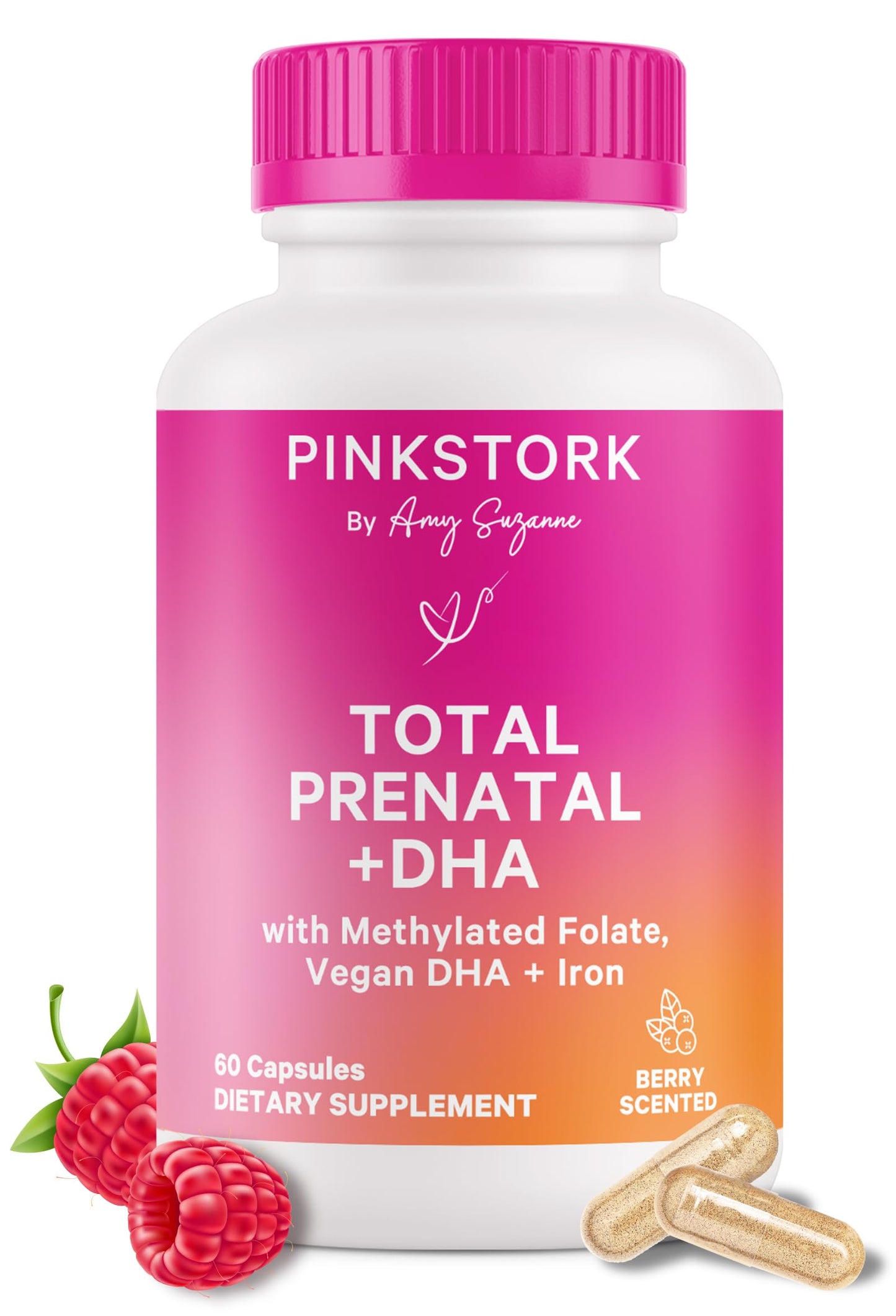Pink Stork Total Prenatal Vitamins with DHA, Folate, Iron, Choline, and Vitamin B12 - Prenatals for Women to Support Fetal Development, Pregnancy Essentials, Berry Essence, 60 Capsules, 1 Month Supply Nirvana Guru