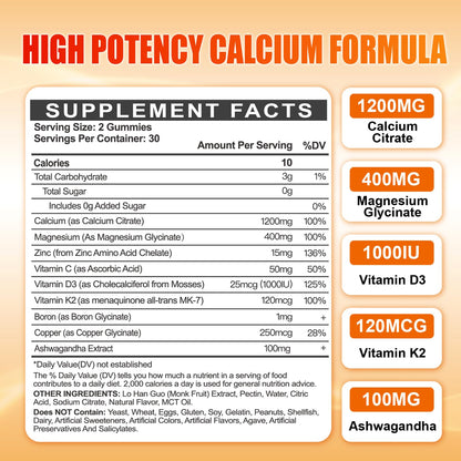 Calcium 1200 mg with Vitamin D3 Gummies for Adults - Calcium Citrate with Vitamin D3 K2, Magnesium, Zinc, Boron, Copper and Ashwagandha - Extra Absorption Calcium Supplement for Women Men Nirvana Guru