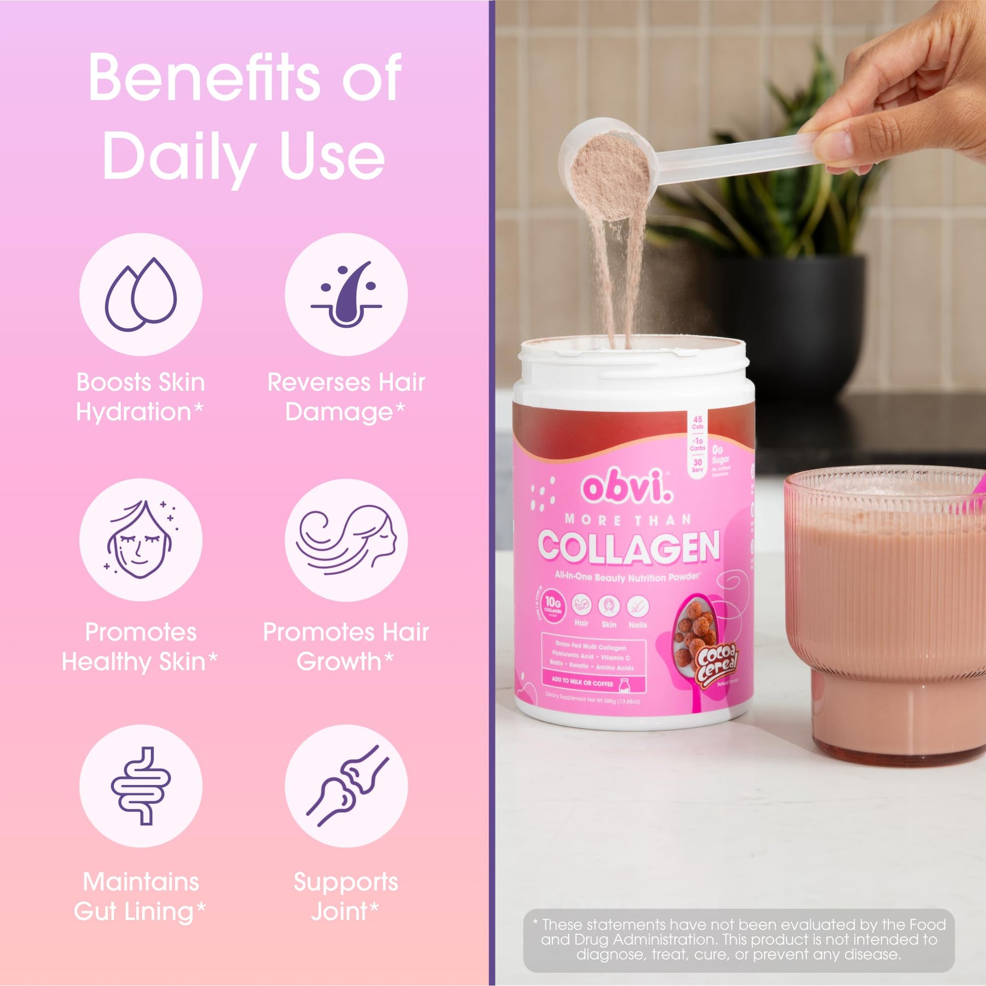 Obvi More Than Collagen Powder | Supports Healthy Hair, Skin, Nails, Joints, Gut | Grass-Fed Multi Collagen Supplement with Hyaluronic Acid, Biotin, Keratin | Cocoa Cereal, 30 Servings - Nirvana Guru