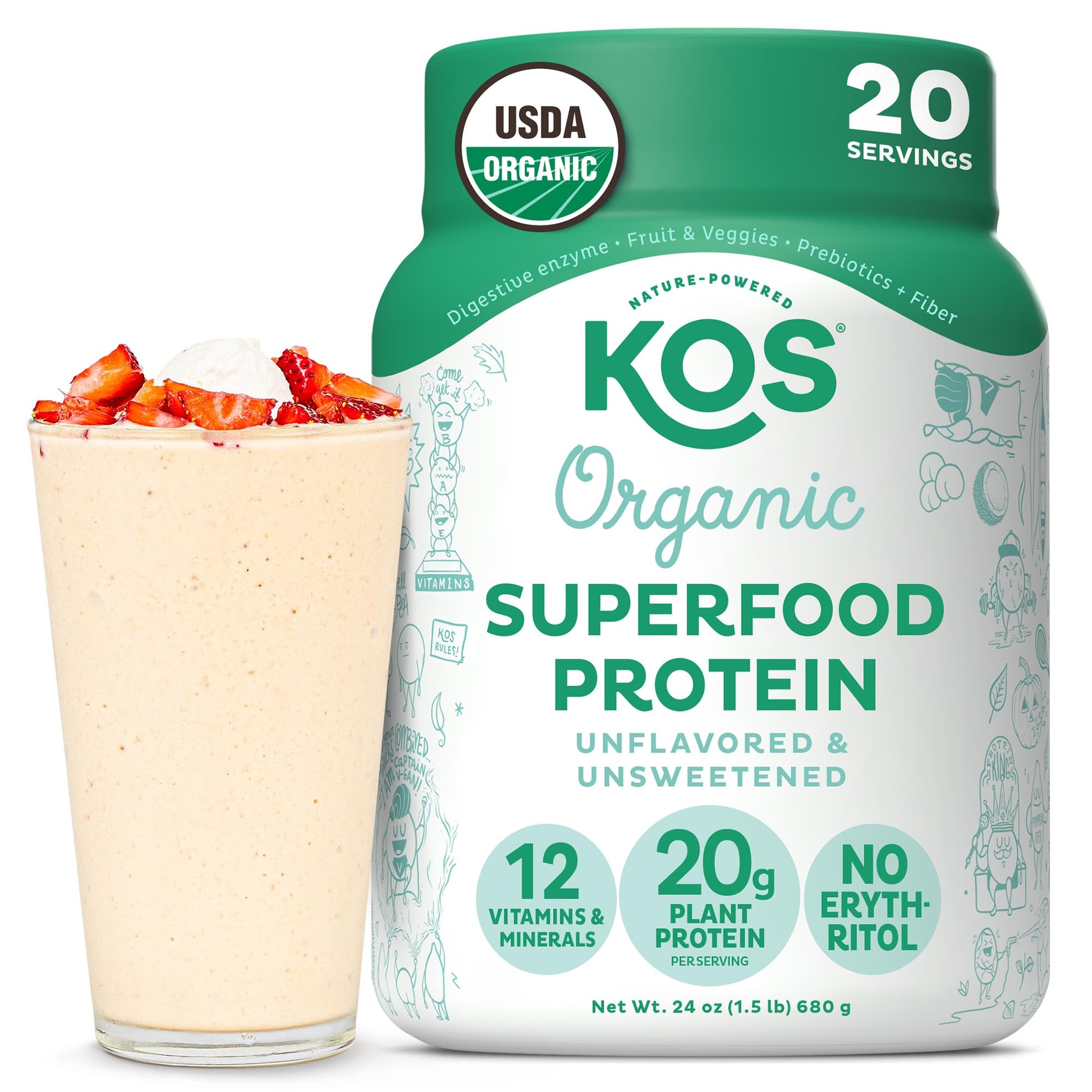 KOS Vegan Protein Powder Erythritol Free, Vanilla USDA Organic - Pea Protein Blend, Plant Based Superfood Rich in Vitamins & Minerals - Keto, Dairy Free - Meal Replacement for Women & Men, 28 Servings - Nirvana Guru