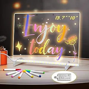 LED Note Board with Colors, 13.7"X10" 4 Modes &7 Colors Acrylic Dry Erase Boards with Light, Include Adapter, Hanging Chain, Led Drawing Board for Kids with Stand,7 Markers, Spray Bottle Nirvana Guru