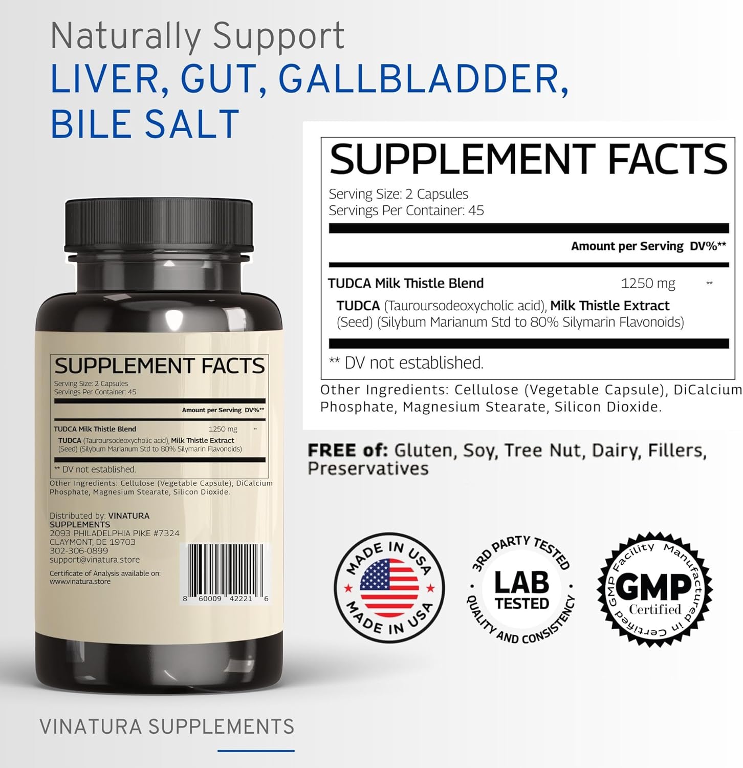 TUDCA Milk Thistle 1250mg - Tudca 1000mg, Tudca Bile Salts, Liver Support, Gallbladder Supplements *USA Made and Tested*, Tudca Supplement, Bile Salts Supplement - 90 Capsules 45 Servings Nirvana Guru