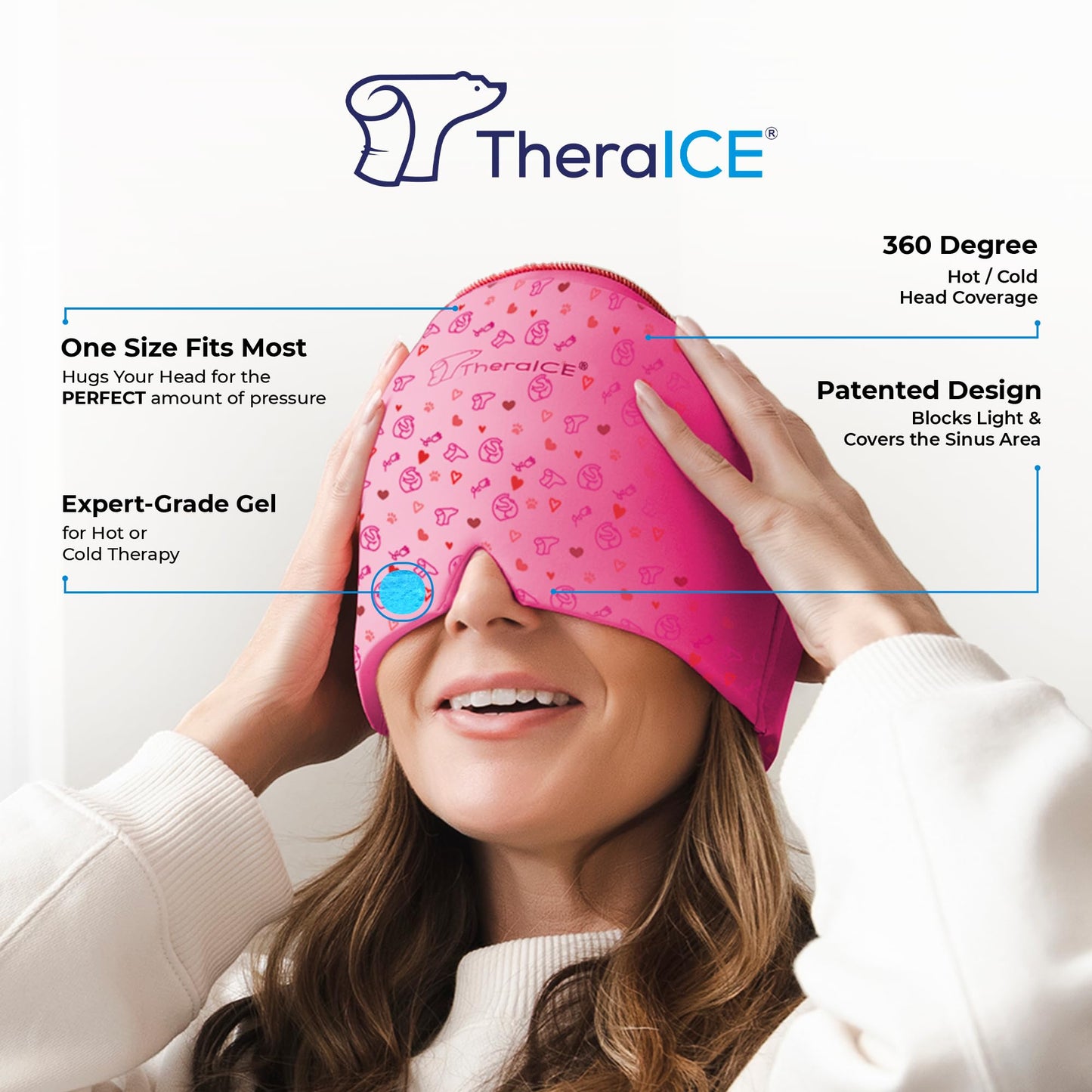 TheraICE Migraine Relief Cap, Soothing Headache Hat Ice Pack Mask, Face Cold Compress Cooling Gel Head Wrap Products for Tension, Stress & Hangover