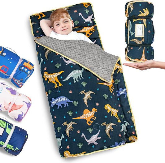 Primlect Thickened Toddler Nap Mat with Removable Pillow and Minky Blanket, Extra Large 55''x35'' Sleeping Bag, Washable, Roll up, Perfect for Daycare, Preschool, Kindergarten, Boys and Girls Dinosaur Nirvana Guru